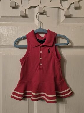 Ralph Lauren Girls Sleeveless Polo Dress Top in Bright Pink with White Stripes